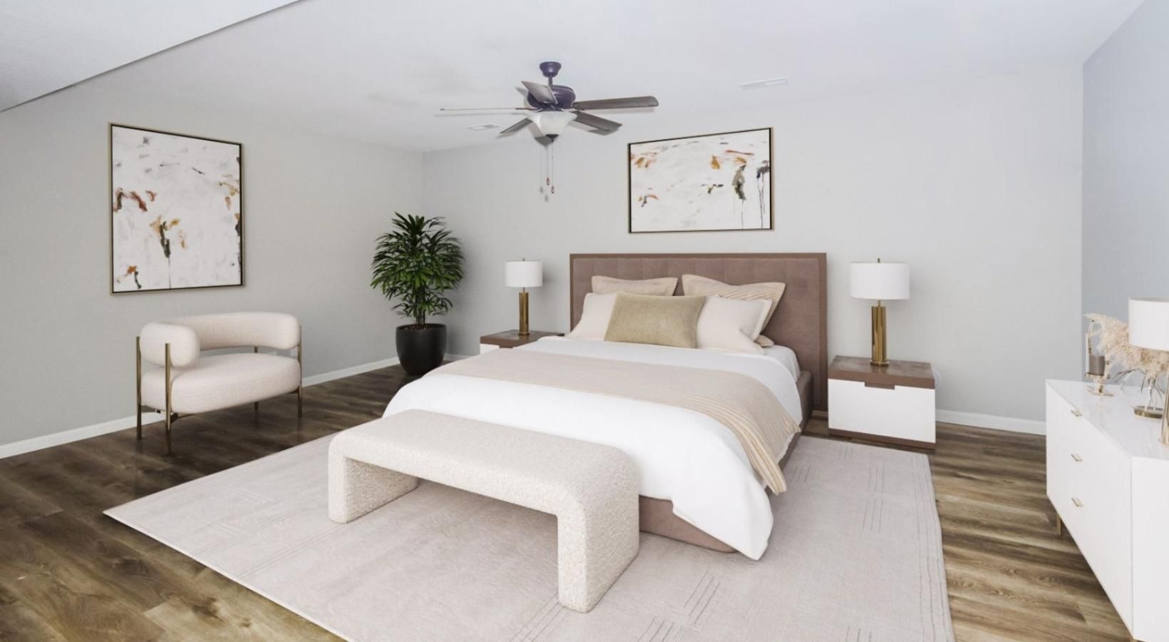 Relax and recharge in beautiful and spacious bedrooms a bedroom with a bed and a chair